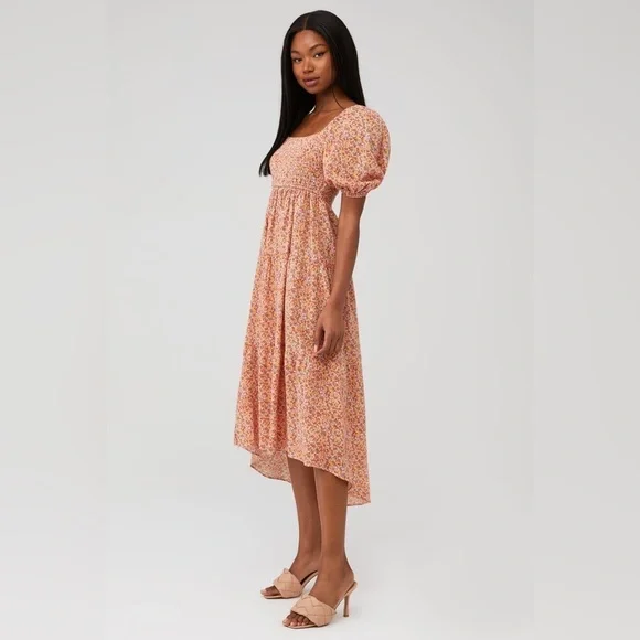 MINKPINK Floral High Low Puff Sleeve Square Neck Dress 100% Cotton Size Medium - Picture 2 of 14